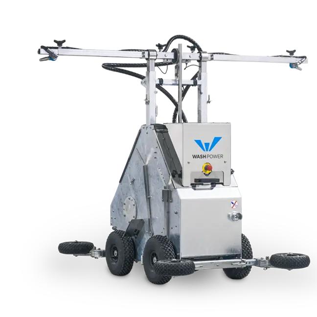Pressure washing robot for long hog finishing barns
